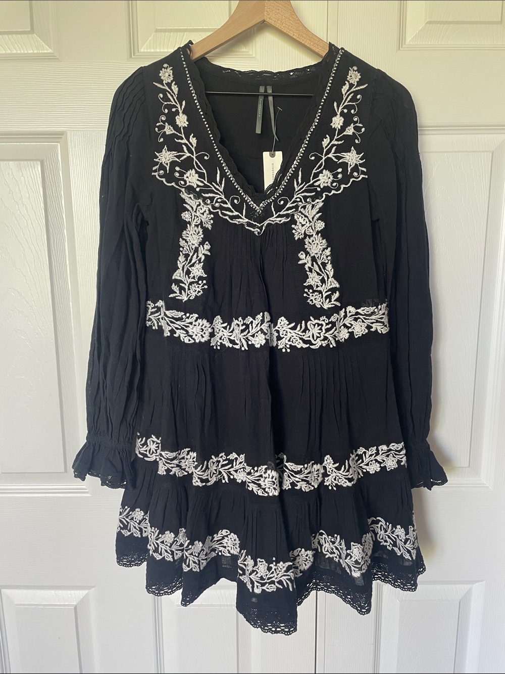 Anthropologie Black Mini Dress with White Floral Embroidery
